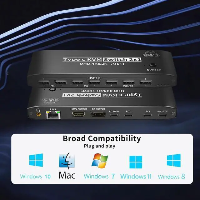Alt view image 6 of 7 - AUTYUE Type-C KVM Switch 8K@60Hz, USB C KVM Switches for 2 Laptops Share 1 HDMI or 1 DP Out Single Monitor and Keyboard Mouse + AUX Audio Out with RJ45 Ethernet Port, PD 100W Charge for 2 Laptops