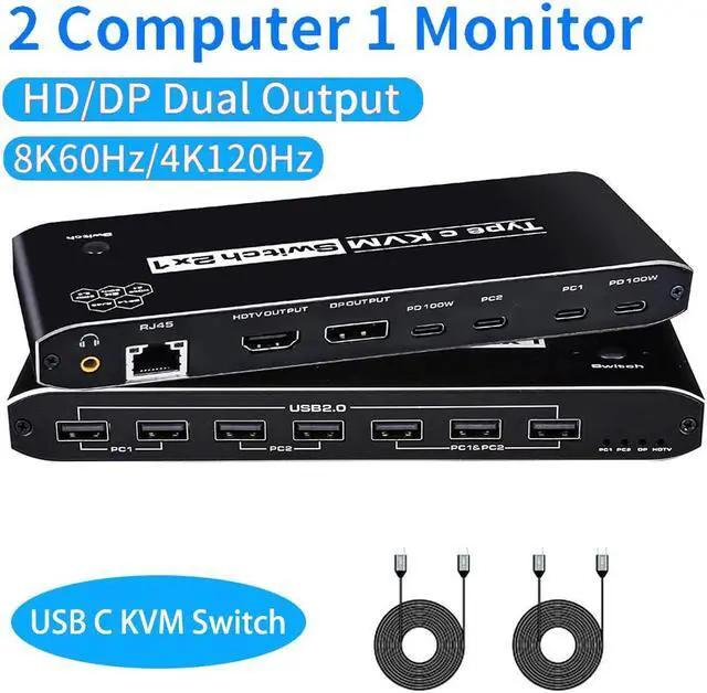 Main image of AUTYUE Type-C KVM Switch 8K@60Hz, USB C KVM Switches for 2 Laptops Share 1 HDMI or 1 DP Out Single Monitor and Keyboard Mouse + AUX Audio Out with RJ45 Ethernet Port, PD 100W Charge for 2 Laptops