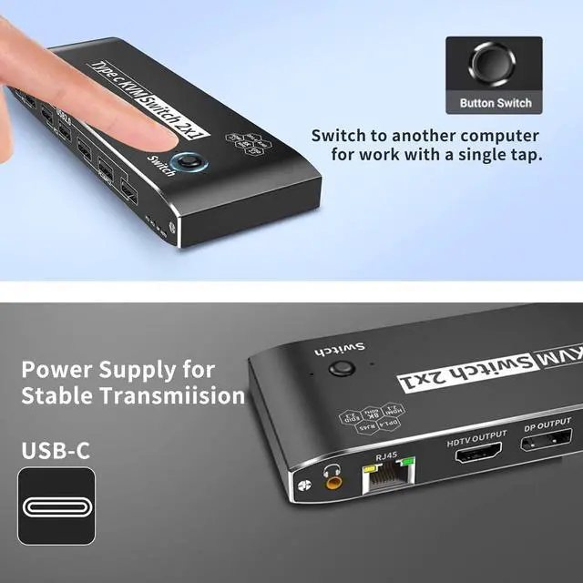 Alt view image 5 of 7 - AUTYUE Type-C KVM Switch 8K@60Hz, USB C KVM Switches for 2 Laptops Share 1 HDMI or 1 DP Out Single Monitor and Keyboard Mouse + AUX Audio Out with RJ45 Ethernet Port, PD 100W Charge for 2 Laptops