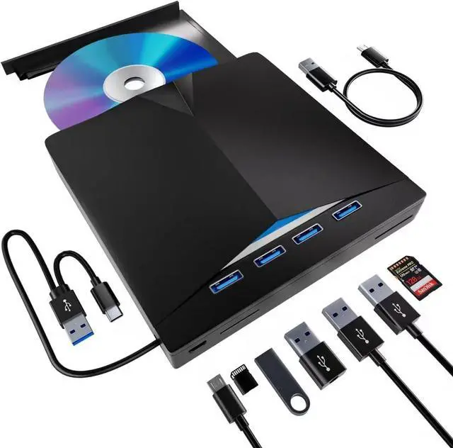 Main image of AUTYUE [7 in 1] External CD DVD Drive, Portable DVD Player for Laptop, USB 3.0 CD Burner +/-RW CD ROM External DVD Drive, CD Reader for laptop Desktop PC Compatible with Windows 11/10/8/7 Linux, MacOS