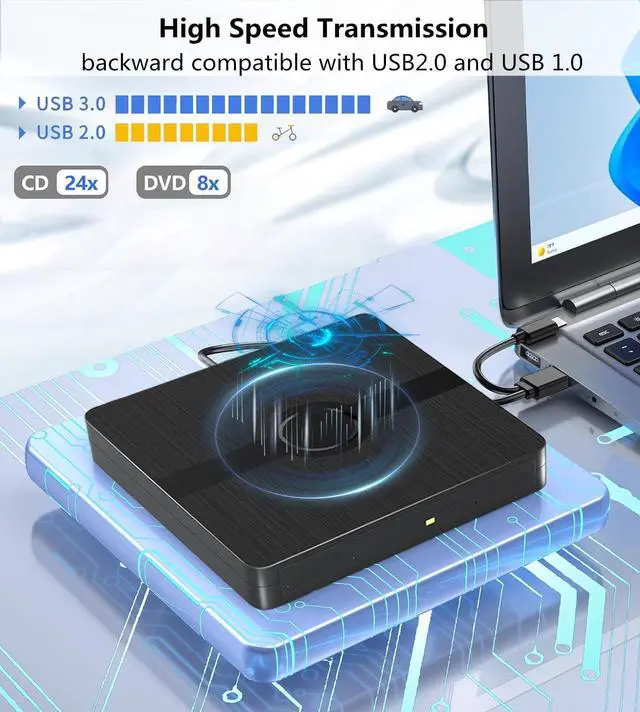 Alt view image 4 of 7 - AUTYUE External CD DVD Drive for Laptop, USB 3.0 & Type-C Slim Portable External CD/DVD +/-Rw Drive Writer Reader Burner Disk Drive CD Player for Desktop PC Windows 11/10/8/7/XP Vista, Linux, MacOS