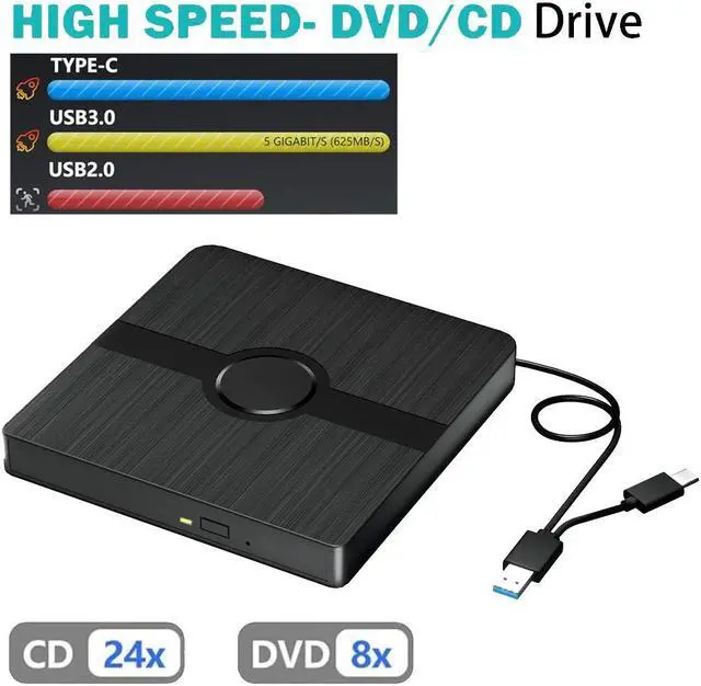 Main image of AUTYUE External CD DVD Drive for Laptop, USB 3.0 & Type-C Slim Portable External CD/DVD +/-Rw Drive Writer Reader Burner Disk Drive CD Player for Desktop PC Windows 11/10/8/7/XP Vista, Linux, MacOS