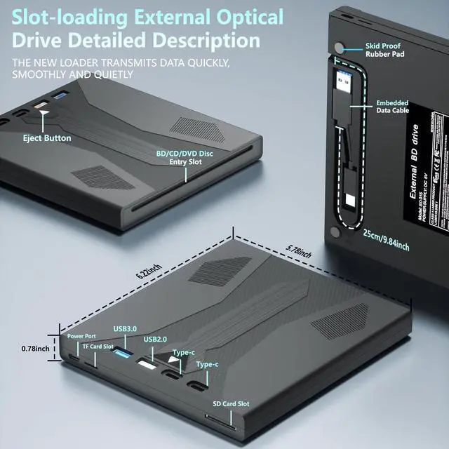 Alt view image 4 of 7 - AUTYUE 8 in 1 External Blu Ray Drive, USB 3.0 and Type-C Blu Ray Burner Portable Blu Ray DVD/CD/BD Player, Support 100G Disc 3D Optical Bluray Drive Compatible with Laptop Desktop Windows MacOS