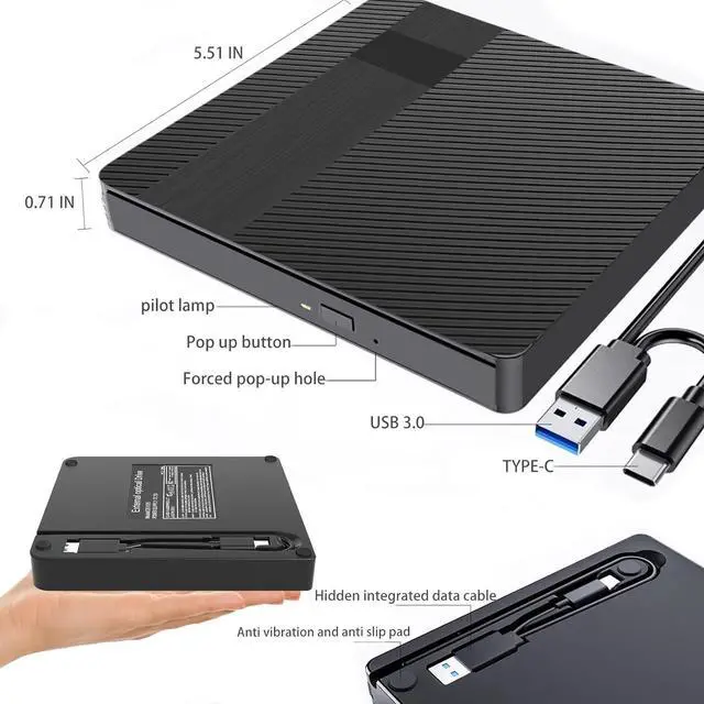 Alt view image 6 of 7 - AUTYUE External Blu-ray Drives, Portable DVD/CD/BD Player for Laptop, USB 3.0 Type-C External CD DVD Burner Reader 3D Optical Bluray Drive Compatible with Laptop Desktop Windows XP/7/8/10/11 Mac OS