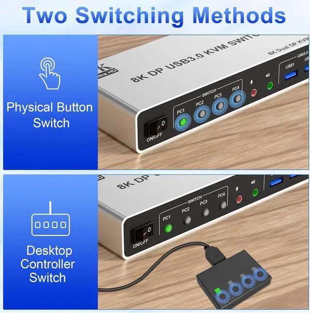Alt view image 7 of 7 - AUTYUE Displayport USB 3.0 KVM Switch 2 Monitors for 4 Computers 8K@60Hz 4K@144Hz, 4 Port DP1.4 Dual Monitor Displayport KVM Switch with Audio Output and 3 USB 3.0, 8K DP Monitor Switch for 4PCs