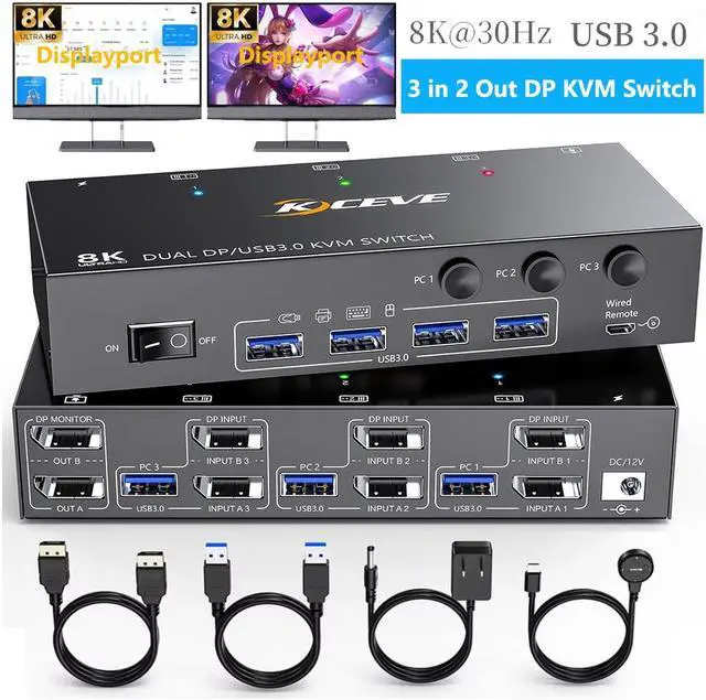 Main image of AUTYUE Displayport KVM Switch 2 Monitors 3 Computers 8K@60Hz 4K@144Hz, Dual Monitor KVM Switch Displayport 3 in 2 Out with 4 USB 3.0 Ports for USB Devices,Wired Remote and 12V Power Adapter Included