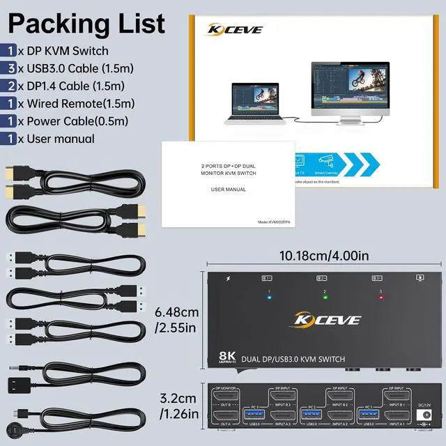 Alt view image 7 of 7 - AUTYUE Displayport KVM Switch 2 Monitors 3 Computers 8K@60Hz 4K@144Hz, Dual Monitor KVM Switch Displayport 3 in 2 Out with 4 USB 3.0 Ports for USB Devices,Wired Remote and 12V Power Adapter Included