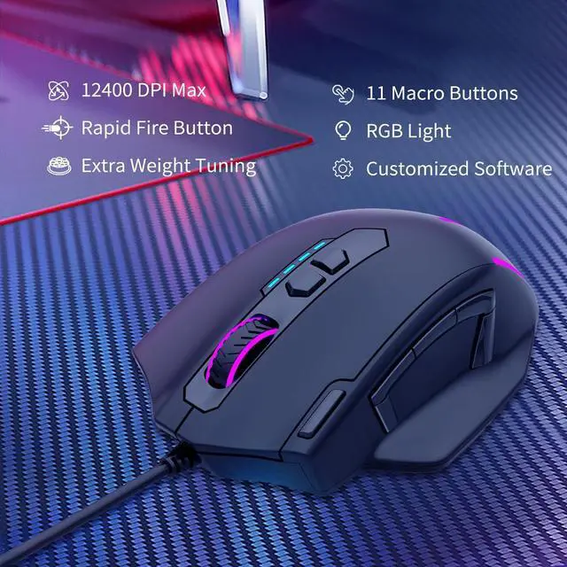 Alt view image 2 of 6 - AUTYUE Large Gaming Mouse Wired, 12400 DPI, 11 Programmable Buttons, Rapid Fire Button, 5 Side Buttons, RGB Backlit, Adjustable Weights, Software Supports, Wired Mouse for PC/Mac and Laptop - Black