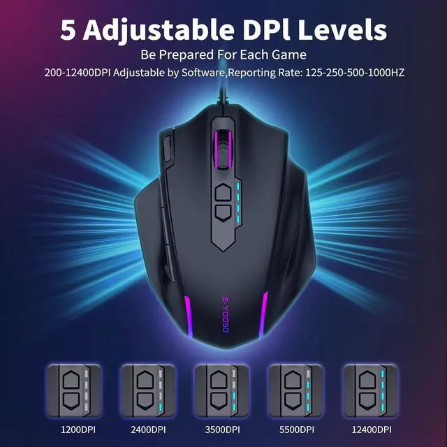 Alt view image 3 of 6 - AUTYUE Large Gaming Mouse Wired, 12400 DPI, 11 Programmable Buttons, Rapid Fire Button, 5 Side Buttons, RGB Backlit, Adjustable Weights, Software Supports, Wired Mouse for PC/Mac and Laptop - Black
