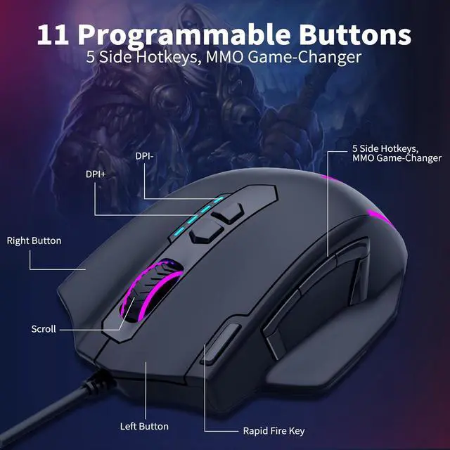 Alt view image 4 of 6 - AUTYUE Large Gaming Mouse Wired, 12400 DPI, 11 Programmable Buttons, Rapid Fire Button, 5 Side Buttons, RGB Backlit, Adjustable Weights, Software Supports, Wired Mouse for PC/Mac and Laptop - Black