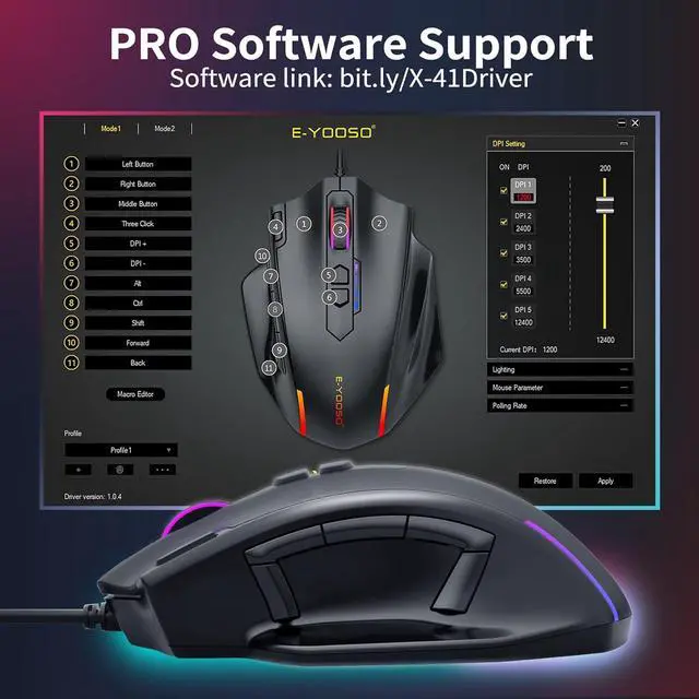 Alt view image 6 of 6 - AUTYUE Large Gaming Mouse Wired, 12400 DPI, 11 Programmable Buttons, Rapid Fire Button, 5 Side Buttons, RGB Backlit, Adjustable Weights, Software Supports, Wired Mouse for PC/Mac and Laptop - Black