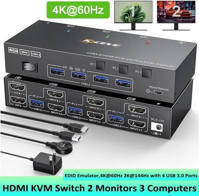 Main image of AUTYUE 3 in 2 Out KVM Switch 2 Monitors 3 Computers 4K@60Hz, EDID Emulator, Dual Monitor HDMI KVM Switch for 3 Computers Share 2 Monitor and 4 USB 3.0 Devices, with Wired Remote and 12V Power Adapter