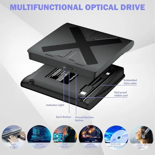 Alt view image 4 of 7 - AUTYUE External Blu Ray Drive, USB 3.0 and Type-C Blu Ray Burner Portable Blu Ray DVD/CD/BD Player, 3D Bluray Optical DVD Drive Compatible with Windows XP/7/8/10/11 MacOS Laptop Desktop