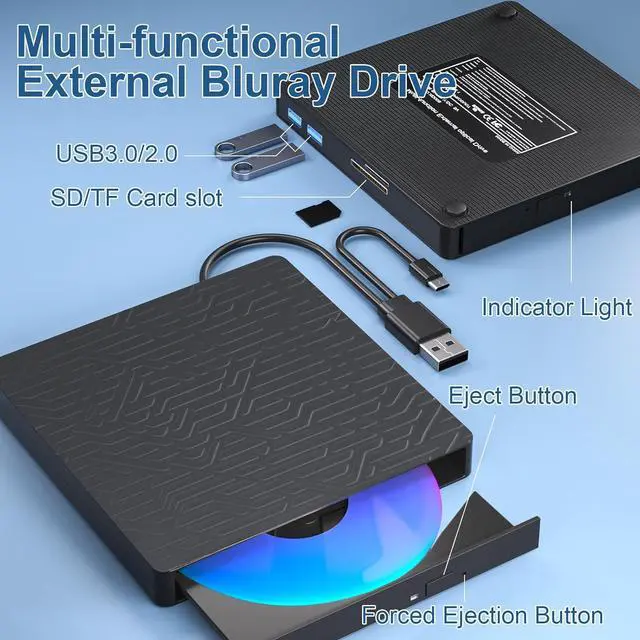 Alt view image 2 of 7 - AUTYUE 5 in 1 External Blu ray Drive, Multifunctional USB 3.0 Type-C 3D External Blu-ray Slim Optical Drive CD DVD Drive Burner with SD/TF Card Reader/2 USB 3.0 Hubs for Windows XP/7/8/10/11, MacOS