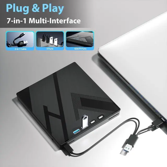 Alt view image 3 of 7 - AUTYUE [7 in 1] External DVD Drive, External CD/DVD Drive for Laptop with 4 USB Port & SD/TF Port, DVD Player CD DVD Burner USB 3.0/Type C, CD ROM External CD DVD Drive for PC Laptop Windows Linux Mac