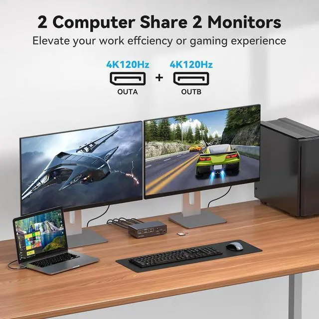 Alt view image 3 of 7 - AUTYUE KVM Switch Docking Station 4K@120Hz USB C Displayport KVM Switch 2 Monitors 2 Computers Displayport Dual Monitor KVM-Switches for Laptop and Desktop Share 13-in-1 Dock, with Wired Remote