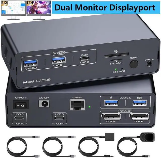 Main image of AUTYUE 4K@120Hz USB C Docking Station with DP KVM Switch 2 Monitors 2 Computers, Displayport USB 3.2 KVM Switches Dual Monitor for 2 Laptops Share a 1G Ethernet 5 USB Ports and SD/MicroSD Card Slots