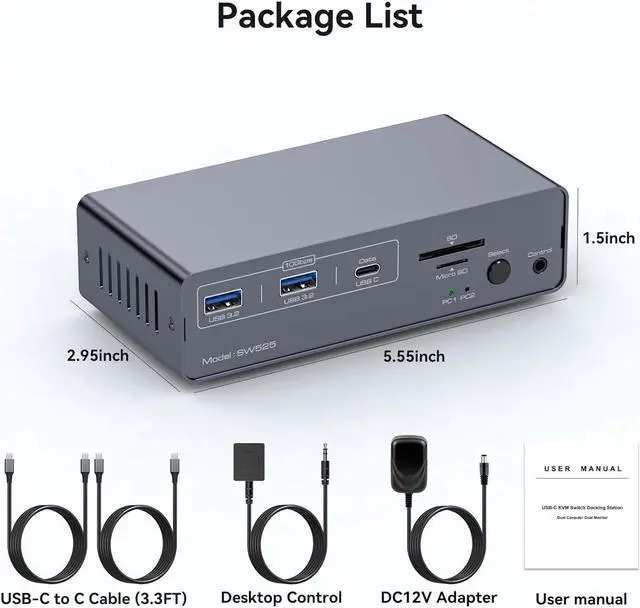 Alt view image 7 of 7 - AUTYUE 4K@120Hz USB C Docking Station with DP KVM Switch 2 Monitors 2 Computers, Displayport USB 3.2 KVM Switches Dual Monitor for 2 Laptops Share a 1G Ethernet 5 USB Ports and SD/MicroSD Card Slots