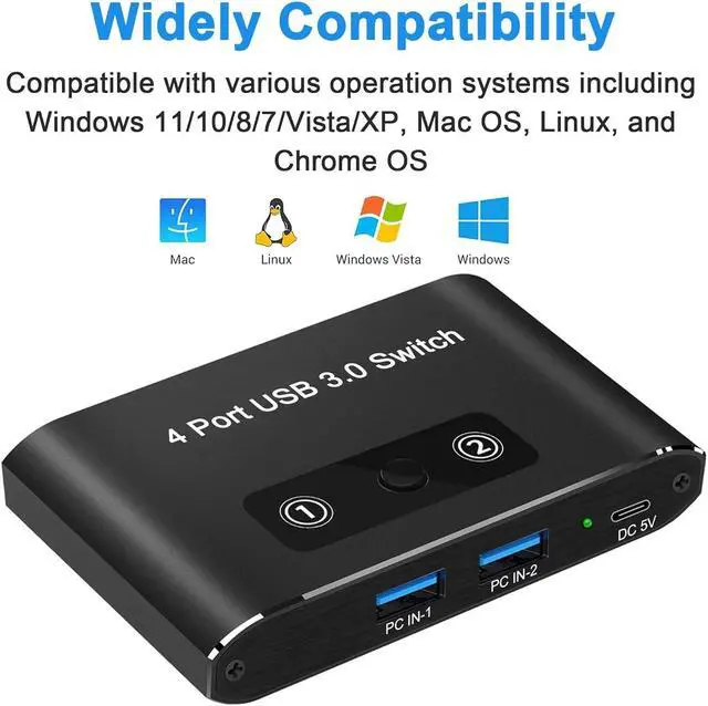 Alt view image 5 of 7 - AUTYUE USB 3.0 Switch 2 in 4 Out, USB Switch Selector 2 Computers Sharing 4 USB Devices KVM Switcher Box for PC, Printer, Scanner, Mouse, Keyboard with 2 USB Cable, Compatible with Mac/Windows/Linux