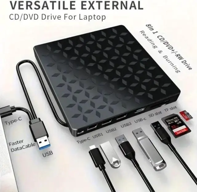 Alt view image 2 of 6 - AUTYUE External CD DVD Drive [8 in 1], USB 3.0 & Type-C Portable Drive Reader CD/DVD +/-RW ROM Burner Rewriter with 4 USB Ports & SD/TF Optical Drive for Desktop PC Windows 11/10/8/7/X, Mac OS Linux