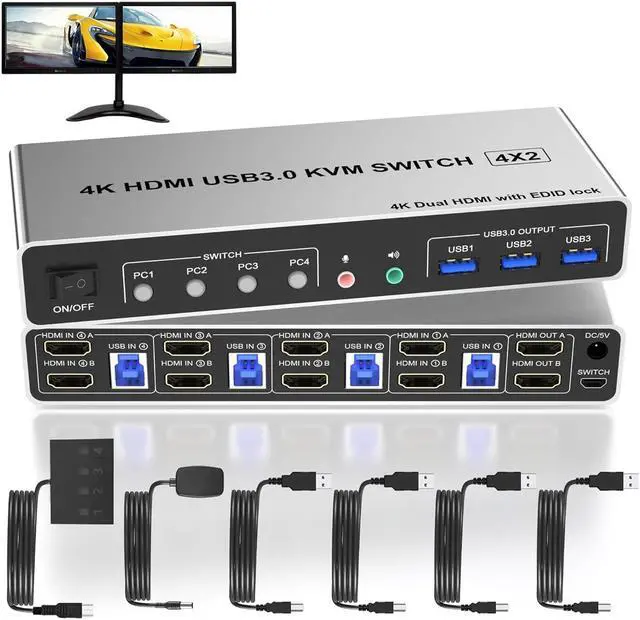 Main image of AUTYUE 4 Port HDMI  Dual Monitor USB 3.0 KVM Switch 4K 60Hz, KVM Switch 2 Monitors for 4PCs Supports EDID, HDMI KVM Switch 4 Computers with Audio Microphone Output and 3 USB 3.0 Ports, 4 in 2 Out KVM