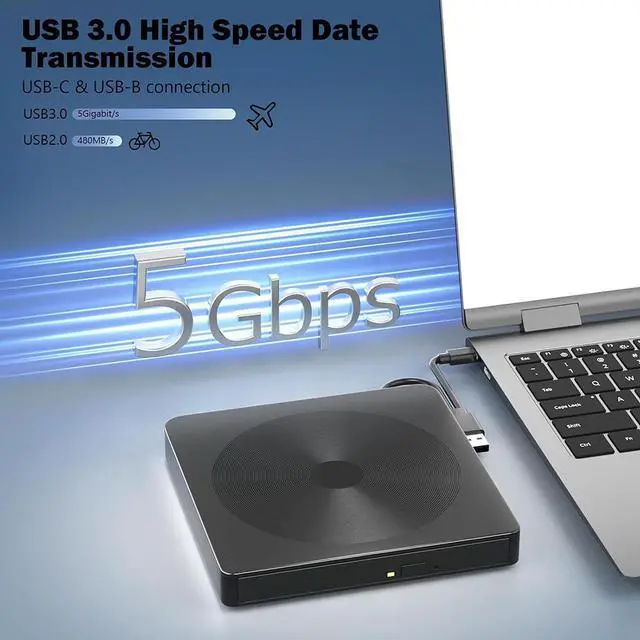 Alt view image 3 of 6 - AUTYUE External CD/DVD Drive for Laptop, USB 3.0 & Type-C Portable DVD Player CD DVD Burner, Cd Rom External CD DVD Drive for Laptop, External Optical Drive Compatible with PC Laptop Windows Mac Os