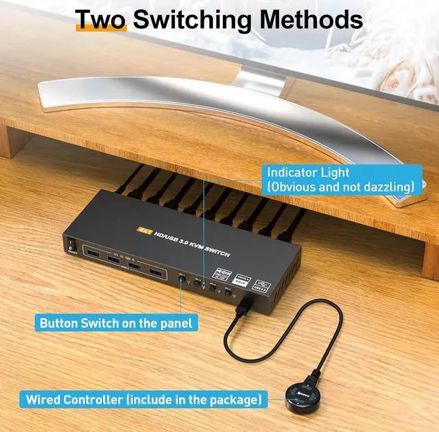 Alt view image 3 of 7 - AUTYUE USB 3.0 KVM Switch HDMI 4K@60Hz/2K@120Hz, with EDID, 4 Port HDMI KVM Switch for 4 Computer Share 1 Monitor and 4 USB 3.0 Devices, Wired Remote and USB Cables Included