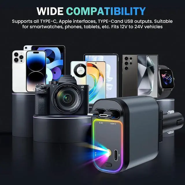 Alt view image 7 of 7 - AUTYUE Car Charger with Starlight, 66W USB C Car Charger Adapter, 4 in 1 Retractable Car Charger with 2 USB Ports Car Phone Charger, Fast Car Charger for i-Ph-one 16/15/14/13/12/11, for Android Phones