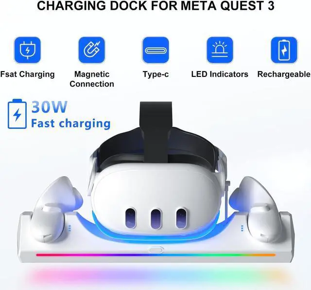 Alt view image 5 of 7 - AUTYUE Charging Station for Me-ta/O-cu-lus Quest 3S/ Quest 3 Accessories, 30W Fast Adapter for Me-ta Quest 3 Charging Dock with LED Indicator, Includes 2*1800mAh Rechargeable Batteries for VR Headset