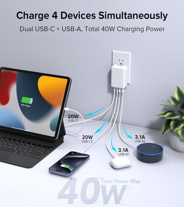 Alt view image 5 of 7 - AUTYUE [2-Pack] USB C Charger Block, 40W Flat USB C Wall Charger Plug, Foldable & Slim Type C Charger Fast Charging Block Cube, 4-Port PD + QC Multiport Power Adapter for i-Phone, Android Cellphones..