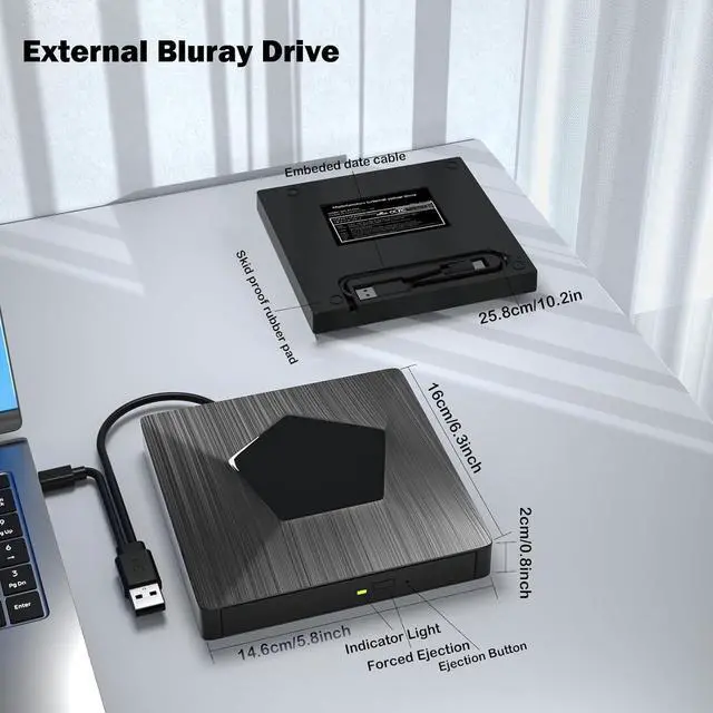 Alt view image 7 of 7 - AUTYUE External Blu Ray Drive, USB 3.0 & Type-C Blu Ray Burner, DVD+/-RW BD CD DVD Player, 3D Portable Blu Ray Player, External Optical Drive for Windows XP/7/8/10, MacOS, Laptop, Desktop