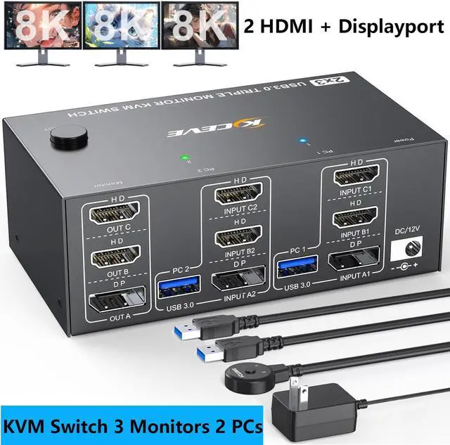 Main image of AUTYUE KVM Switch 2 Computers 3 Monitors 8K@60Hz 4K@144Hz, Displayport + 2 HDMI Triple Monitor KVM Switch for 2 PC Sharing 3 Monitors and 4 USB 3.0 Devices with Cable Remote Control and 2 USB Cables