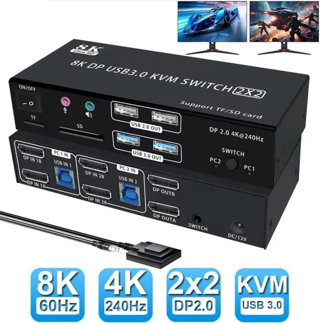 Main image of AUTYUE 4K@240Hz Dual Monitor DP 2.0 KVM Switch, 8K@60Hz USB 3.0 Displayport KVM Switch 2 in 2 out, Displayport KVM Switch 2 Monitors 2 PCs, with Audio Microphone Output and 4  USB Ports & SD/TF Solts