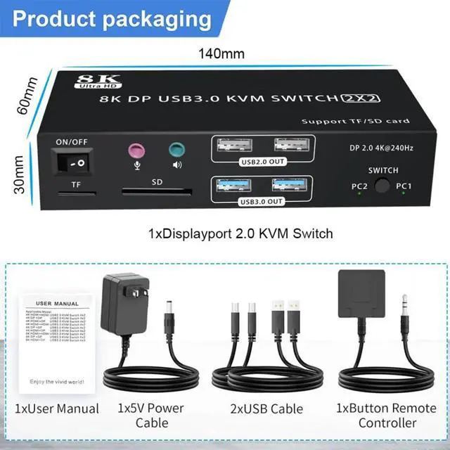 Alt view image 7 of 7 - AUTYUE 4K@240Hz Dual Monitor DP 2.0 KVM Switch, 8K@60Hz USB 3.0 Displayport KVM Switch 2 in 2 out, Displayport KVM Switch 2 Monitors 2 PCs, with Audio Microphone Output and 4  USB Ports & SD/TF Solts