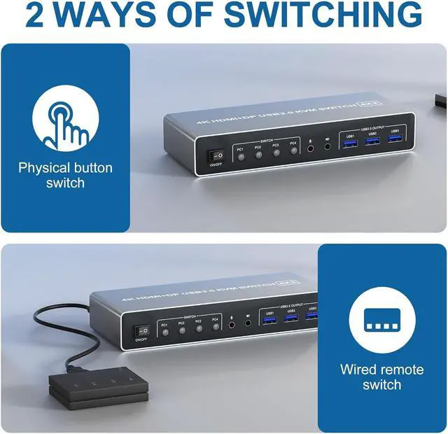 Alt view image 7 of 7 - AUTYUE KVM Switch 4 Computers 2 Monitors Displayport and HDMI 4K@60Hz, USB 3.0 4 Port Dual Monitors KVM Switch with Audio Microphone Output and 3 USB 3.0 Ports, 4 in 2 Out Monitor Switch for 4 PCs
