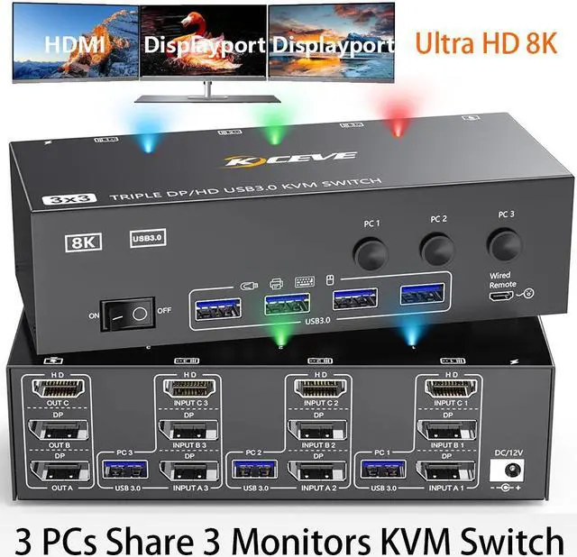 Main image of AUTYUE KVM Switch 3 Monitors 3 Computers 8K@60Hz 4K@144Hz, HDMI + 2 Displayport KVM Switch Triple Monitor for 3 Computer Share 3 Monitors and 4 USB3.0 Devices, with Wired Remote and 12V power Adapter