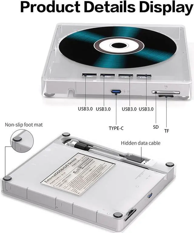 Alt view image 4 of 7 - AUTYUE 7 in 1 External CD DVD Drive for Laptop with 4 USB Ports and TF/SD Card Slots, USB 3.0 Portable CD/DVD Disk Drive Player CD DVD Burner Reader Writer for Laptop PC Windows 11/10/8/7 Linux OS