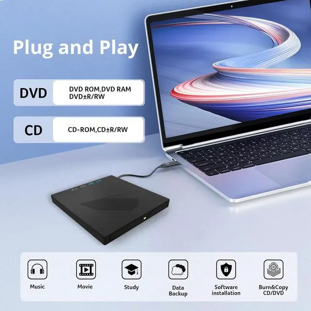 Alt view image 3 of 7 - AUTYUE 7 in 1 External DVD CD Drive USB 3.0 & Type-C Portable CD/DVD +/-RW Disk Drive, CD/DVD Burner, CD ROM, Player for Laptop.External Drive for Laptop Desktop PC Windows 7/8/10/XP Linux/Vista/MacOS