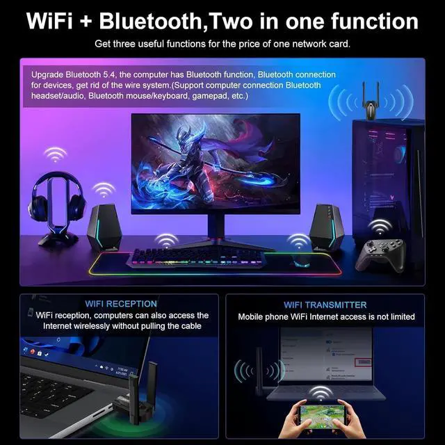 Alt view image 3 of 6 - AUTYUE AX900M 2 in 1 WiFi + Bluetooth Wireless Adapter for PC, Dual Band 2.4GHz/5GHz with Dual Antenna 5DBi, Bluetooth Dongle 5.4 Compatible with Windows 11/10, WiFi 6 Adapter for Computer/Laptop