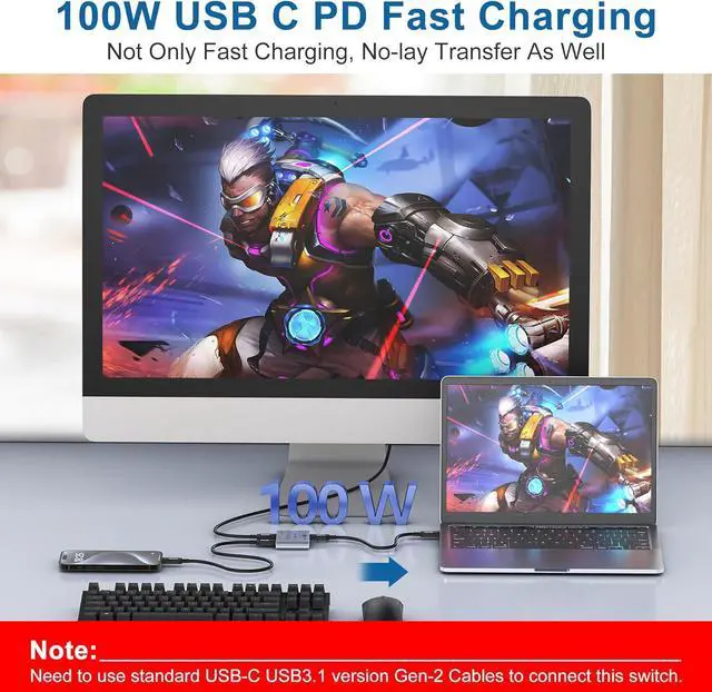 Alt view image 6 of 7 - AUTYUE 8K USB C Switch Splitter USB C Switcher for 2 Computers - Bi Directional USB C KVM Switch 1 in 2 Out for 8K@60Hz/4K@144Hz Video Transfer+100W Charging+10Gbps Data, with Power Cable giyqxHw