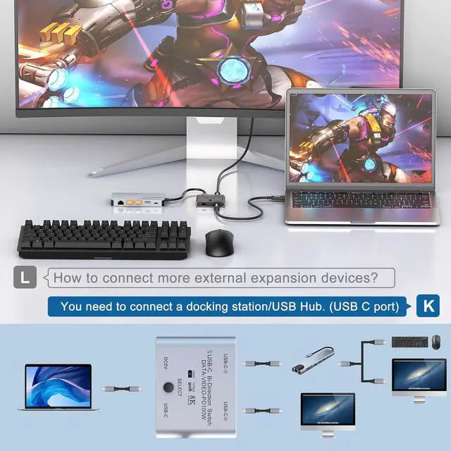 Alt view image 7 of 7 - AUTYUE 8K USB C Switch Splitter USB C Switcher for 2 Computers - Bi Directional USB C KVM Switch 1 in 2 Out for 8K@60Hz/4K@144Hz Video Transfer+100W Charging+10Gbps Data, with Power Cable giyqxHw