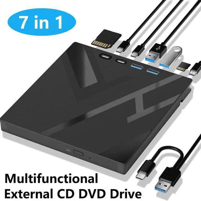 Main image of AUTYUE 7 in 1 External CD/DVD Drive for Laptop, Portable DVD Player for Laptop with SD/TF Port, External DVD Drive with USB 3.0/Type C, CD Reader CD Burner for Laptop PC Windows 11/10/8/7,Linux, MacOS
