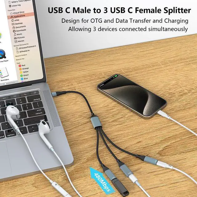 Alt view image 2 of 7 - AUTYUE USB C Splitter, USB C to 3 USB C Female Cable USB C Headphone Converter USB C to USB C OTG Splitter with Data Transfer Compatible with i-Pad Pro, Air 6/5, MacBook, i-Phone 15/15Pro, Galaxy S24