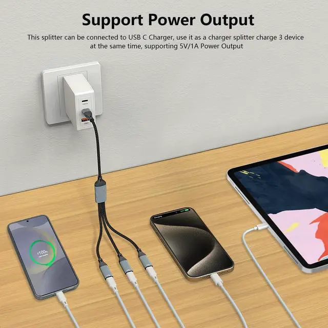 Alt view image 5 of 7 - AUTYUE USB C Splitter, USB C to 3 USB C Female Cable USB C Headphone Converter USB C to USB C OTG Splitter with Data Transfer Compatible with i-Pad Pro, Air 6/5, MacBook, i-Phone 15/15Pro, Galaxy S24