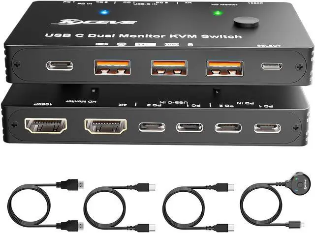 Main image of AUTYUE USB C KVM Switch 4K/1080P@60Hz, USB C Dual Monitor HDMI KVM Switch for 2 Laptop Sharing 2 Monitor and 10Gbps 4 USB3.0 Devices, 100W PD for 2 Laptop with Wired Remote Control and USB Cables