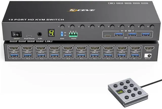 Main image of AUTYUE 10 Port 8 Port KVM Switch HDMI 4K@60Hz EDID Simulation, USB 3.0 HDMI KVM Switch for 10 Computers Share 1 Monitor and 4 USB Devices, KVM Switches with Audio RS232 Wired Remote 12V Power Adapter