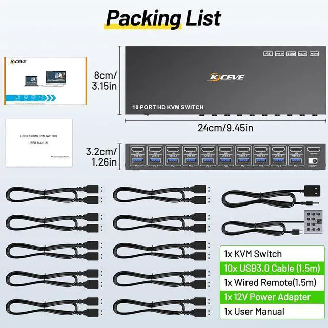 Alt view image 7 of 7 - AUTYUE 10 Port 8 Port KVM Switch HDMI 4K@60Hz EDID Simulation, USB 3.0 HDMI KVM Switch for 10 Computers Share 1 Monitor and 4 USB Devices, KVM Switches with Audio RS232 Wired Remote 12V Power Adapter