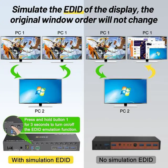 Alt view image 5 of 7 - AUTYUE 10 Port 8 Port KVM Switch HDMI 4K@60Hz EDID Simulation, USB 3.0 HDMI KVM Switch for 10 Computers Share 1 Monitor and 4 USB Devices, KVM Switches with Audio RS232 Wired Remote 12V Power Adapter