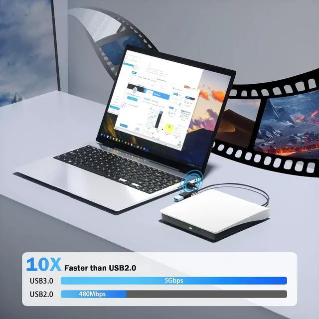 Alt view image 5 of 7 - AUTYUE External CD/DVD Drive for Laptop PC, Portable CD DVD Player USB 3.0 & Type C Portable Optical Drive CD DVD ROM DVD Burner Compatible with Windows 10 11 Linux Mac OS (White)