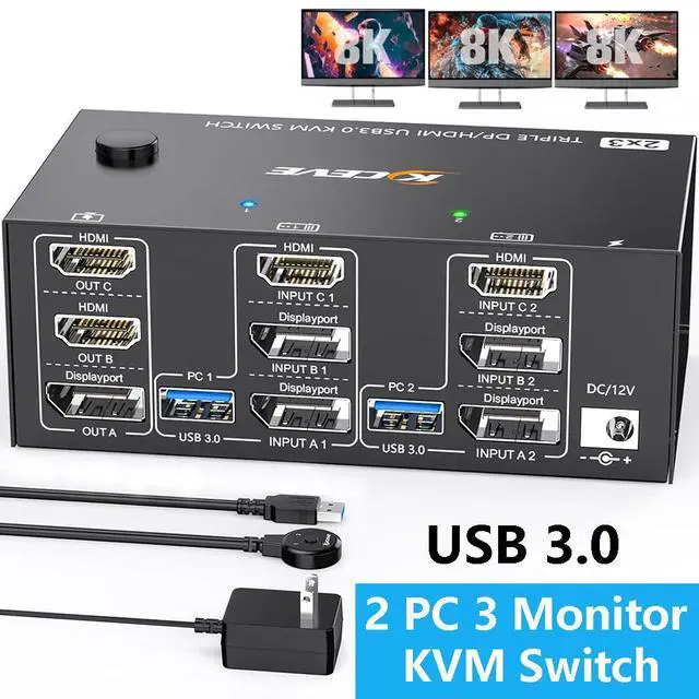 Main image of AUTYUE KVM Switch HDMI + Displayport 8K@60Hz/4K@144Hz, Triple Monitor Displayport 1.4 + HDMI 2.1 KVM Switch for 2 Computers Share 3 Monitor and 4 USB 3.0 Devices, Wired Remote and USB Cables Included